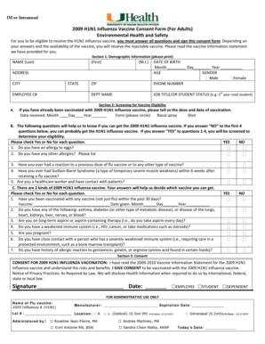 2009 H1N1 Influenza Vaccine Consent Form
