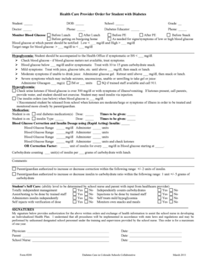 Health Care Provider Order for Student with Diabetes