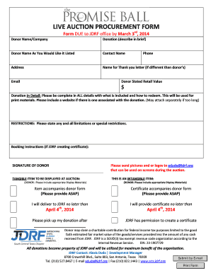 LIVE AUCTION PROCUREMENT FORM - JDRF - sctx jdrf