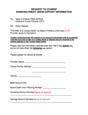 Indiana Child Care CCDF Direct Deposit Form
