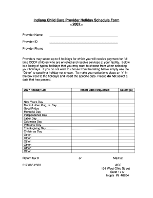 Indiana Child Care Provider Holiday Schedule Form