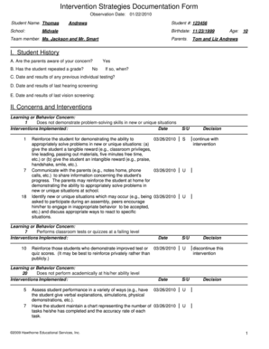 Intervention Strategies Documentation Form