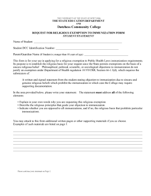 New York Religious Exemption to Immunization Form