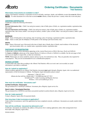 Alberta Vital Statistics Document Order Form