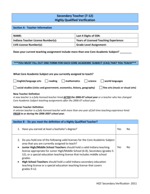 Indiana Highly Qualified Teacher Verification Form