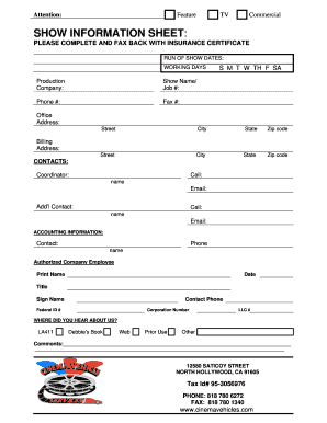 TV Commercial Production Show Information Sheet