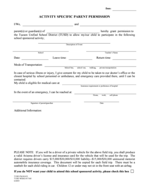 Tucson Unified School District Activity Permission Form