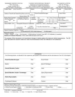 Tucson Unified School District IEP Addendum Form