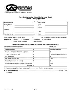 General Liability Application for Alarm Services