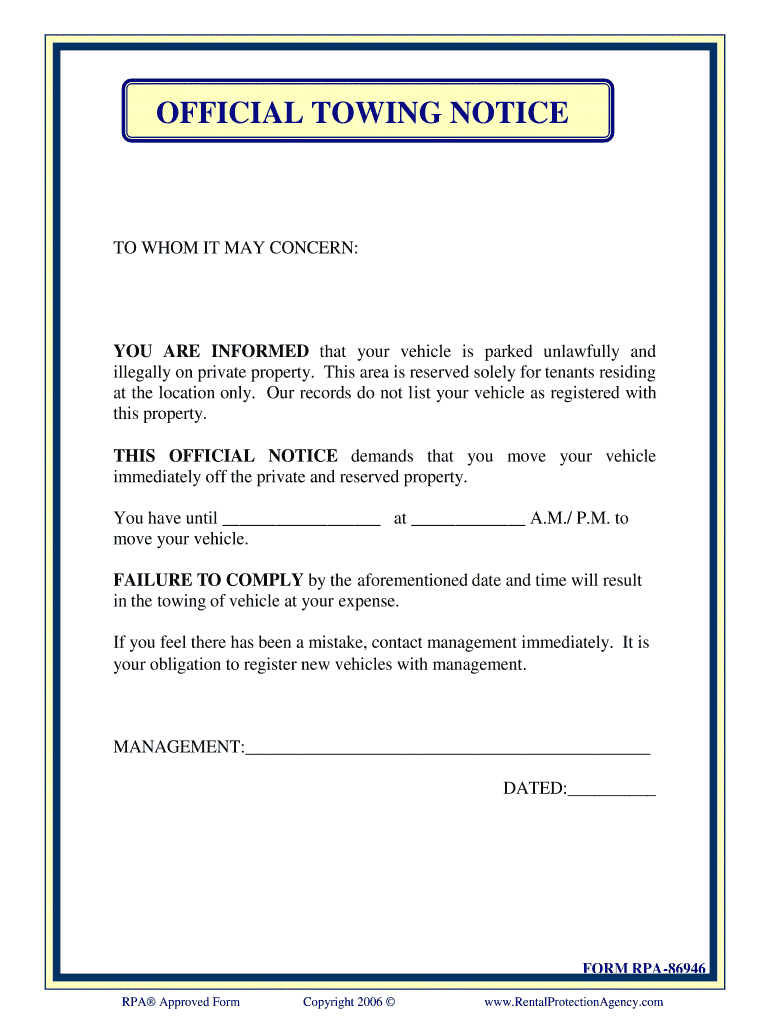 Towing Warning Notice Template Fill Online, Printable, Fillable