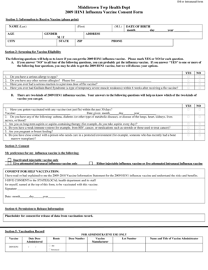 2009 H1N1 Influenza Vaccine Consent Form