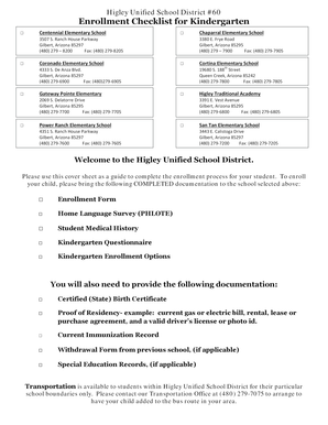 Higley Unified School District Kindergarten Enrollment Checklist