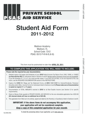 Private School Aid Service Student Aid Form