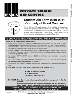 Private School Aid Service Student Aid Form 2010-2011