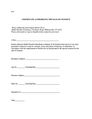 Certificate Authorizing the Sale of Chometz