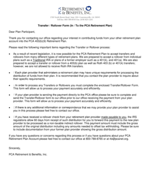 PCA Retirement Plan Transfer/Rollover Form