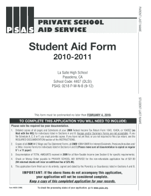 Private School Aid Service Student Aid Form