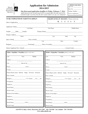 Valley Catholic Elementary School 2014-2015 Application Form