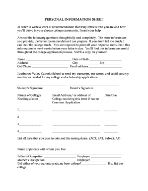 Personal Information Sheet for College Recommendation