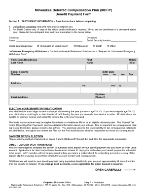 Milwaukee Deferred Compensation Plan Benefit Payment Form