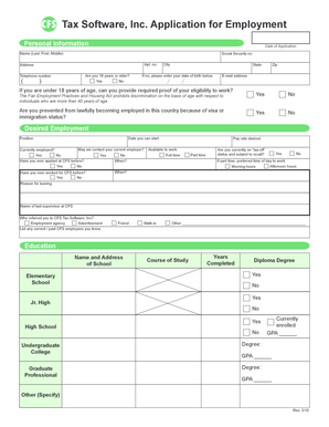 Tax Software Employment Application