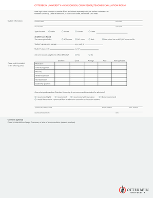 Otterbein University High School Counselor Evaluation Form