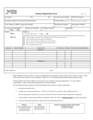 Roger Williams University Summer Registration Form