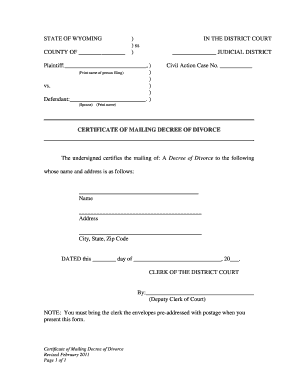 Wyoming Divorce Decree Mailing Certificate
