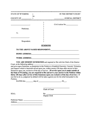 Wyoming Summons for Paternity, Custody, Visitation and Support
