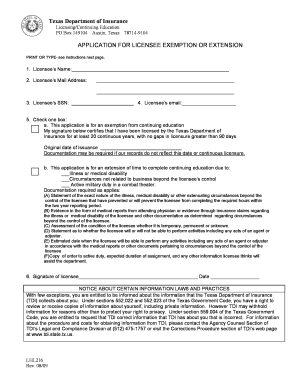 Texas Insurance Licensee Exemption or Extension Application