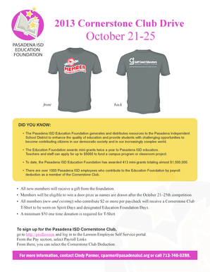 Pasadena ISD Cornerstone Club Pledge Card