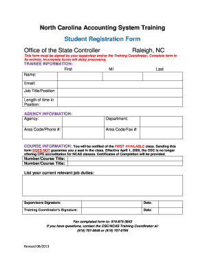 North Carolina Accounting System Training Student Registration Form - ncosc