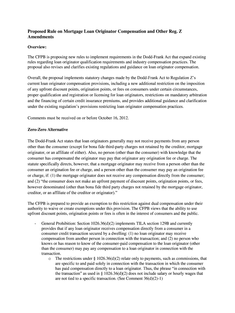 Fillable Online Proposed Rule on Mortgage Loan Originator Compensation