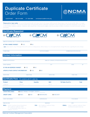 NCMA Duplicate Certificate Order Form