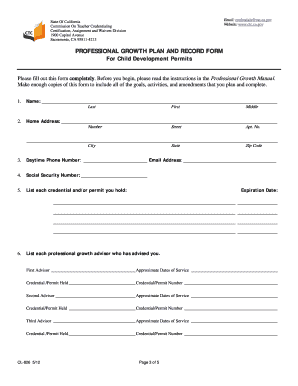 Professional Growth Plan and Record Form for Child Development Permits
