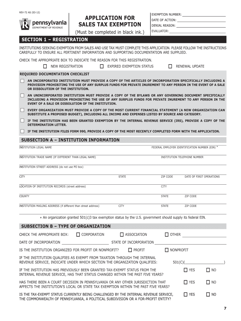 How To Get A Pa Tax Exempt Number 2012 Form Fill Out Sign Online 