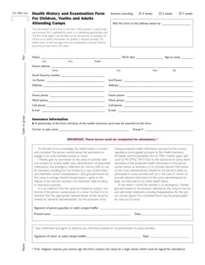 Camp Health History and Examination Form