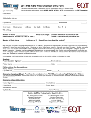 PBS Kids Writers Contest Entry Form