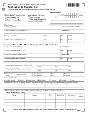 North Dakota Income Tax Withholding and Sales Tax Permit Application