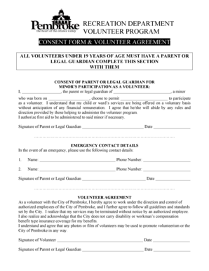 RECREATION DEPARTMENT VOLUNTEER PROGRAM CONSENT FORM &amp