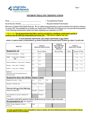 Student Health Certification Form