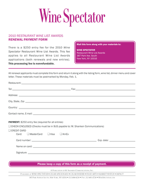 2010 Restaurant Wine List Awards Renewal Form