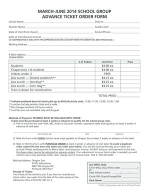 Oregon Zoo School Group Advance Ticket Order Form
