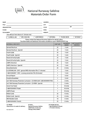 National Runaway Safeline Materials Order Form