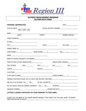 Olympic Development Program Player Data Form