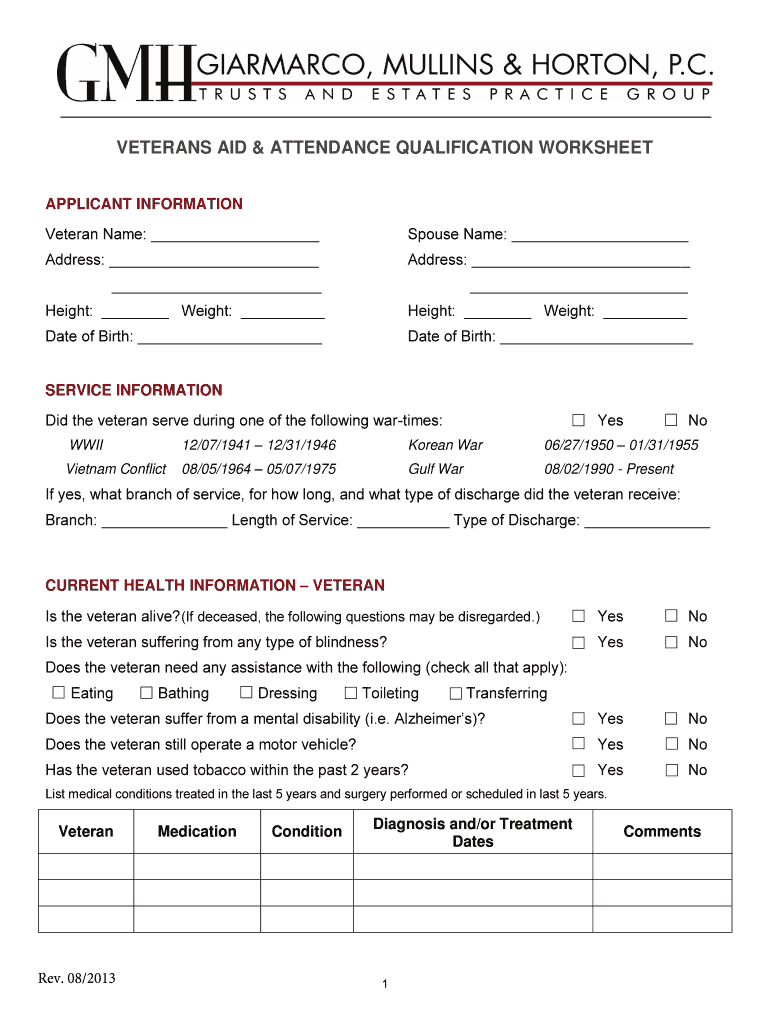 Fillable Online Veterans aid &amp; attendance qualification worksheet ...