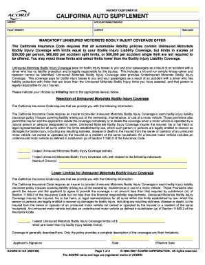 California Auto Supplement Uninsured Motorists Coverage Form