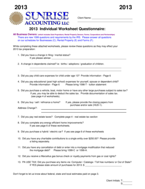 2013 Individual Worksheet Questionnaire