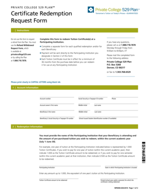 Private College 529 Plan Certificate Redemption Request Form