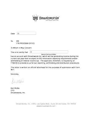ITIN Request Letter for Smashwords Inc.